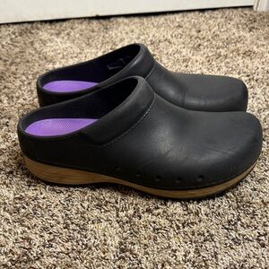 Dansko Black Leather Mules with Purple Insole